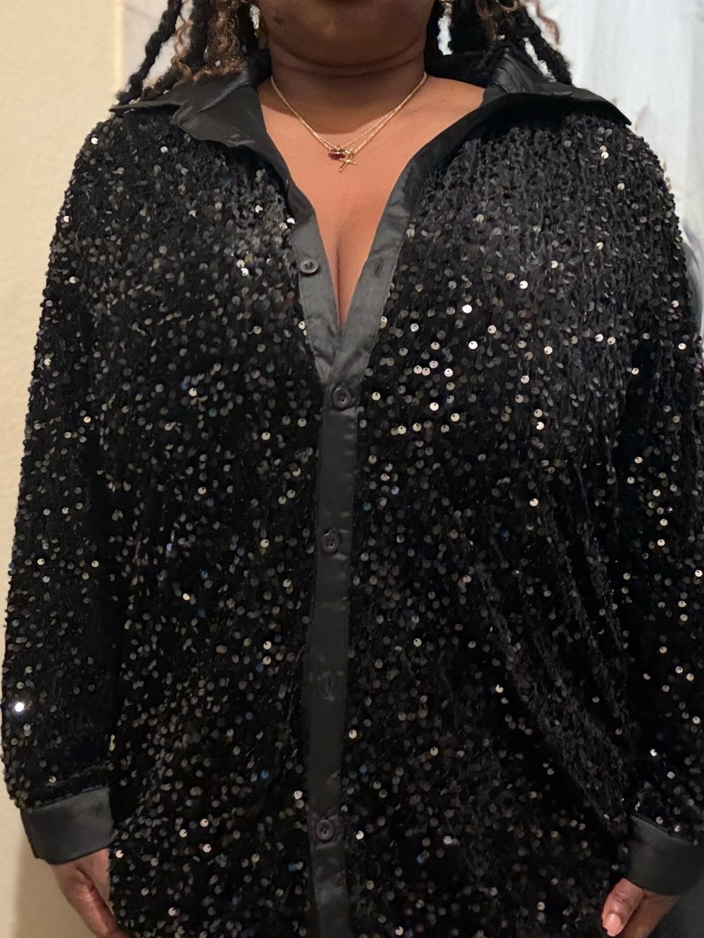 Fashion Nova Black Sequin Button-Up Shirt Dress